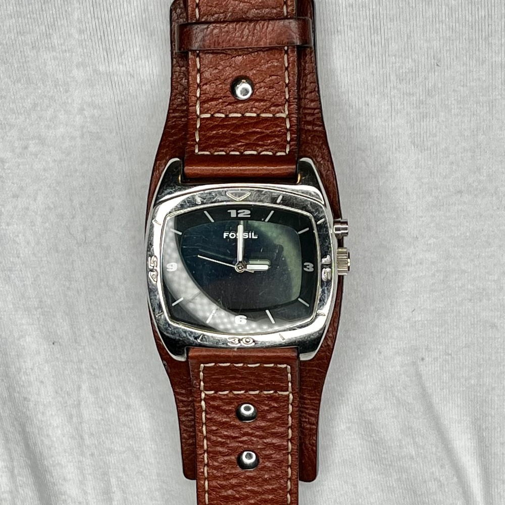Fossil Men's AM3695 Cuff Kaleido Leather Strap Blue Mirror Dial Watch